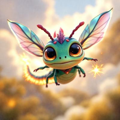 The primary subject of the image is a green and purple dragonfly, which is flying in the air. The setting is a cloudy sky, and the visual style is a digital art or illustration. The dominant colors in the image are green and purple, creating a lively and vibrant atmosphere.